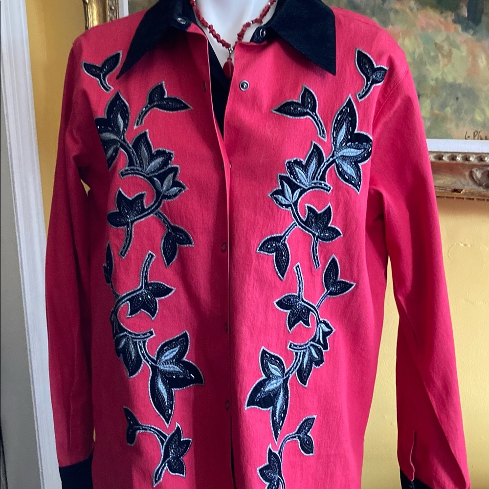 Victor Costa Beaded Velvet Trim Red Denim Shirt Sz. Lg